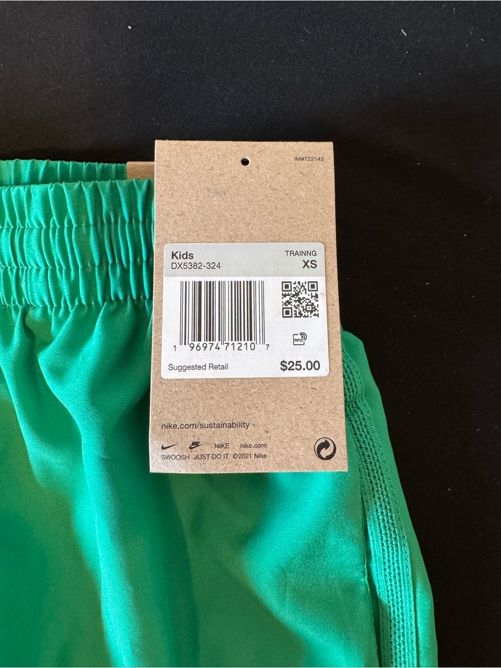 Nike Kids Bright Green Athletic Shorts with White Swoosh - Picture 2 of 3